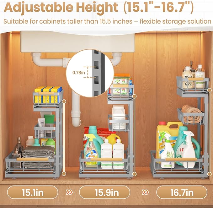 Under Sink Organizer and Storage for Bathroom and Kitchen - 2 Pack 3 Tier Under Cabinet Pull Out Shelf Organizers - Slide Out Drawer Organization for Home Cabinets Shelves and Drawers