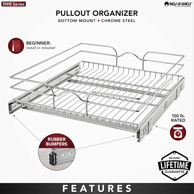 Rev-A-Shelf Steel Wire Pullout Drawer Organizer Shelf for Kitchen Cabinets, Slide Out Storage Basket, Min Opening Width of 20.5", 21" x 22", 5WB1-2122CR-1