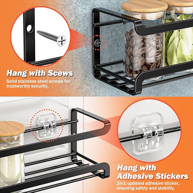 Bunoxea Spice Rack wall mounted 2 Pack, Space-Saving Spice Organizer for Spice Jars and Seasonings,Screw or Adhesive Hanging Spice Rack Organizer for Your Kitchen Cabinet,or Pantry Door
