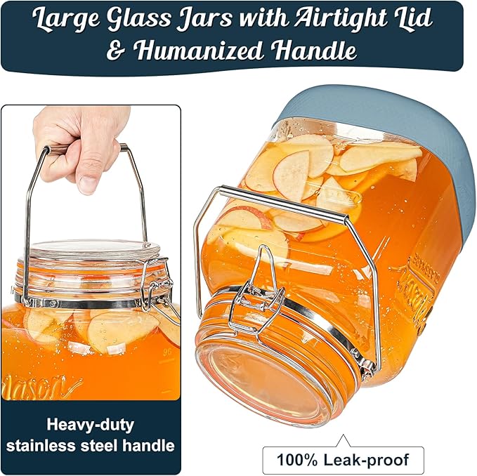 2 Pack Square 1 Gallon Glass Jar with Airtight Lid, Large Mason Jars Wide Mouth 128 Oz with Scale Marks & Handle, Glass Storage Containers with Anti-slip Base for Flour, Oat, Wheat, Cookie Jar