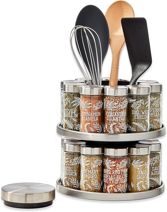 Kamenstein Salem 20-Jar Rotating Spice Rack with Spices Included, Stainless Steel Countertop Organizer with Sifter Caps and Tool Caddy, Spice Set for Kitchen Organization