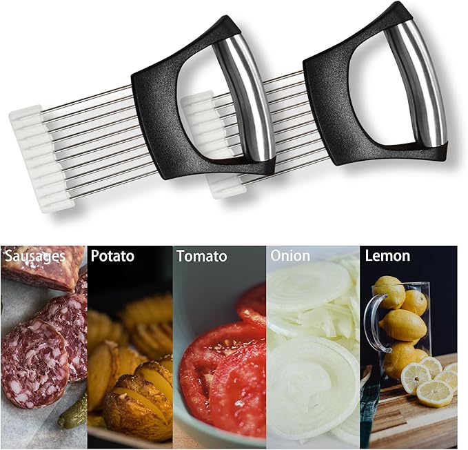 2 PCS Onion Slicer Holder – Stainless Steel Meat Holder, Meat Chopper | Multi-Purpose Kitchen Safety Tool for Fruits, Vegetables & Meat | Easy Clean, Uniform Slices | (Black)