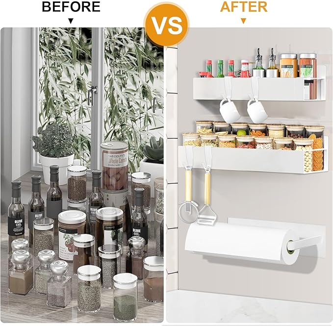 4 Pack Magnetic Spice Rack for Refrigerator,Metal Magnetic Shelf White with Paper Towel Holder,Whiteboard,3 Markers,4 Hooks,Space Saving for Home,Kitchen