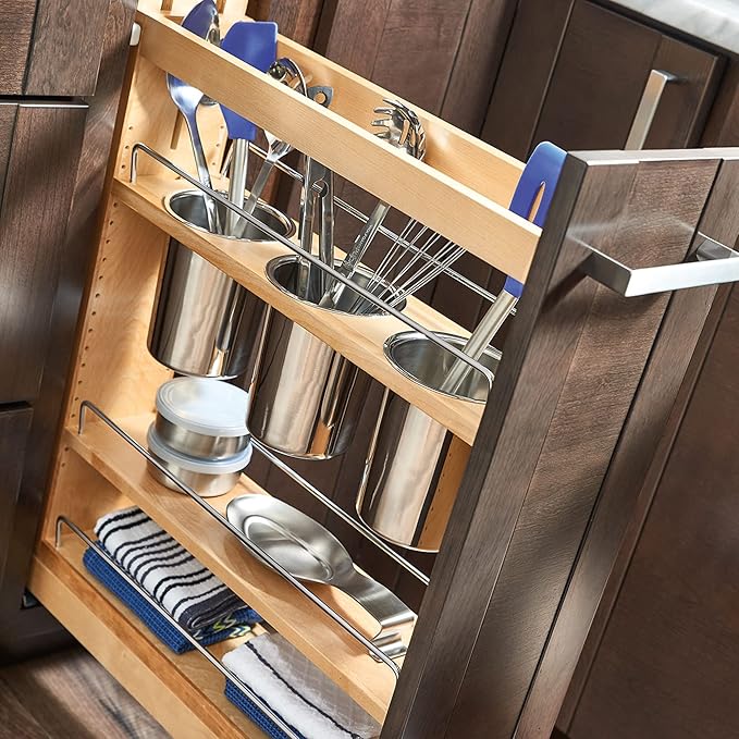 Rev-A-Shelf Maple Pullout Utensil Organizer with 3 Bins & BLUM Soft-Close Full Extension Slides, for Full-Height Base Cabinets, Adjustable Shelves, Min Opening Width of 5.5", 448UT-BCSC-5C
