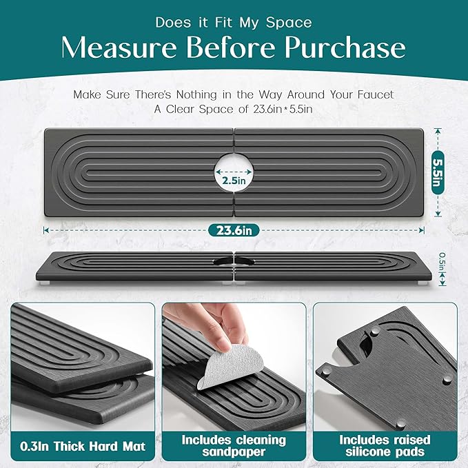 Large Faucet Mat for Kitchen Sink - Stone Drying Mat for Kitchen Counter, Diatomite Fast Drying Stone Sink Tray, Super Absorbent, Stylish Decor and Protector for Bathroom (Dark Grey, 23.6" x 5.5")