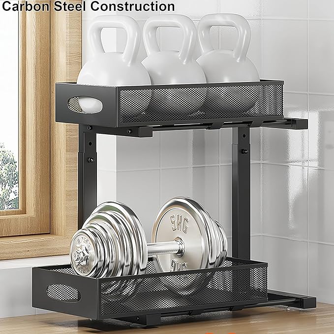 Under Sink Pull Out Organizer, 5-Level Adjustable Height to Fit U/L Shape Plumbing Pipes, Carbon Steel 2-Tier Storage Rack for Kitchen Bathroom Cabinet, Black