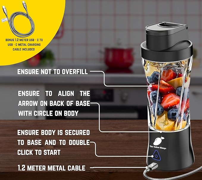 TORPEDO Portable Blender (Black), Cordless, 24oz. Vessel, Personal Blender for Shakes & Smoothies, BPA Free, Leakproof Sip Lid & Self Cleaning - Travel with 6 Sharp Blade, USB - C Metal Cable Charger