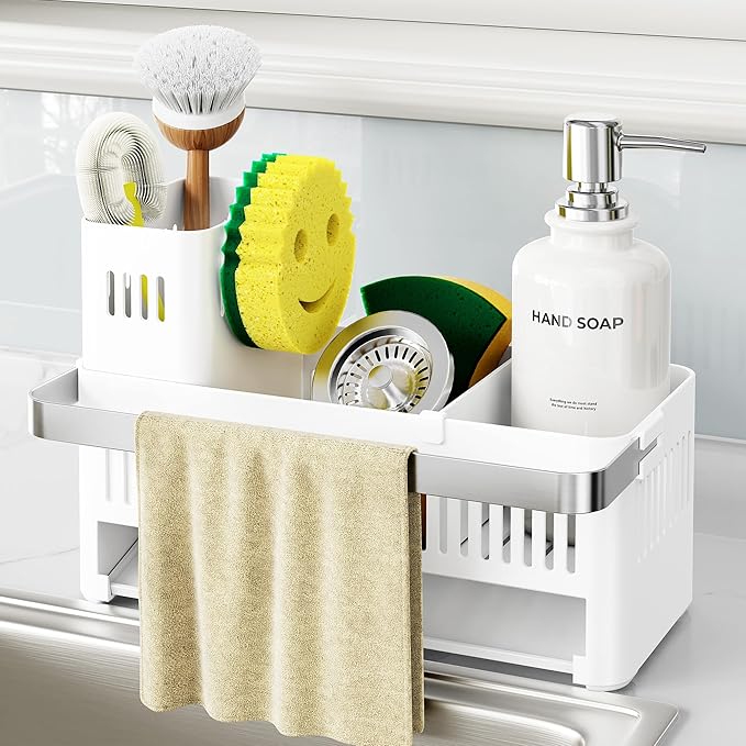 Nieifi Sponge Holder for Kitchen Sink, Sink Caddy with Towel Rack, Dish Sponge Holder, Brush Holder for Kitchen Sink Organizer Storage, White