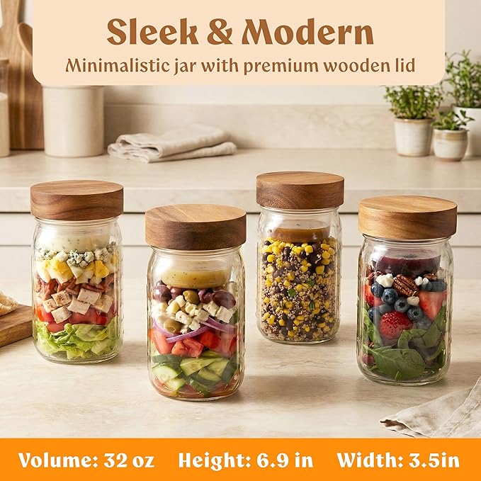 EDELHAUS 4 Pack Glass Salad Jars with Wooden Lids for Meal Prep, Leakproof Container with Two Small Built in Cups for Wet/Dry Separation for Salad Dressing and Ingredients, 32oz Mason Jars (Acacia)