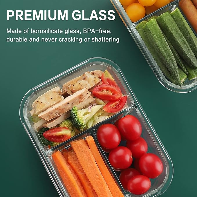 HOMBERKING 8 Pack Glass Meal Prep Containers 3 Compartment, 33oz Glass Food Storage Containers with Lids, Airtight Lunch Bento Boxes, BPA-Free & Leak Proof (Set of 8) - White