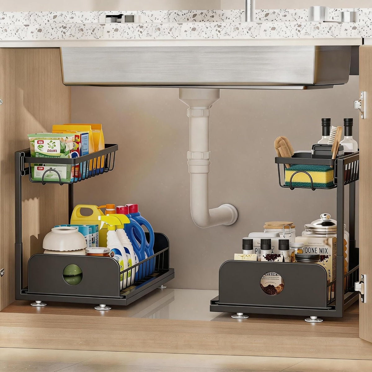 Under Sink Organizer, 2 Pack Under Kitchen Cabinet Organizer, Height Adjustable Pull Out Mute Slide-Out 2 Tier Metal Under Sink Storage for Bathroom, Pantry, Kitchen & Bedroom (Black, 2 Pack)
