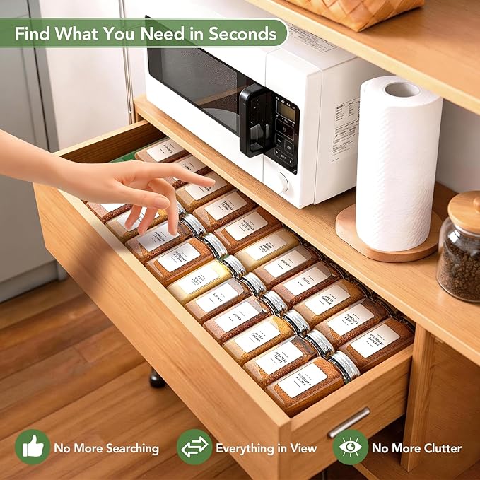 Adjustable 3-Tier Drawer Spice Organizer – Thick Plastic, Non-Slip, Fits 11"-22" Kitchen Drawers, Includes Labels & Funnel (No Jars)
