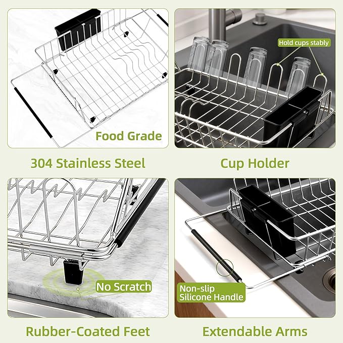 in Sink Expandable Dish Drying Rack with Silicone Mat-Extra Large Stainless Steel Dish Drainer Over The Sink with Utensil Holder, Applicable for Sink Width 16'-22' (Silver,23.2'*12.2')