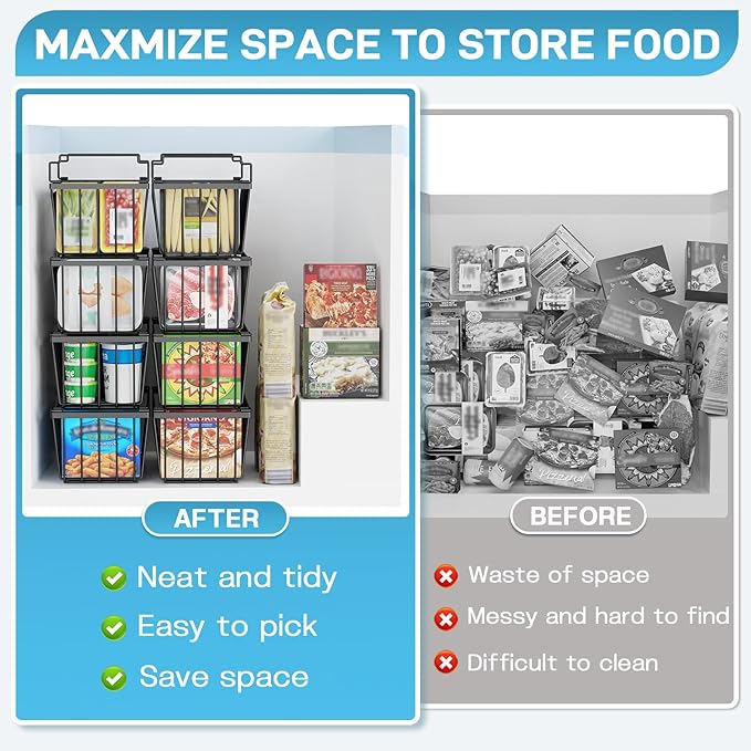 SUNALLY Freezer Organizer Bins, 8 Pack Stackable Chest Freezer Organizer for 5-7 Cu.FT Deep Freezer Sort Frozen Meats and Food, Freezer Storage Baskets with Handles Easy Reach from Bottom, Black