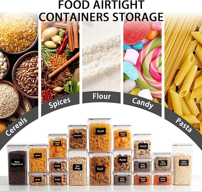 42 PCS Airtight Food Storage Containers with Lids, BPA Free Clear Plastic Kitchen and Pantry Organization and Storage Set for Flour, Sugar, Cereal, Pasta, Includes 42 Labels and Marker