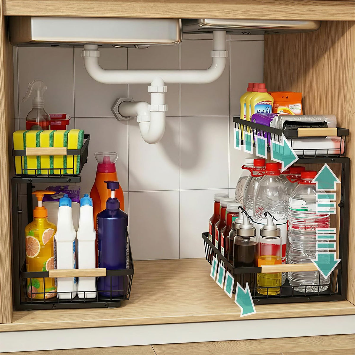 Under Sink Organizer, 2 Tier Pull Out Cabinet Organizers and Storage for Kitchen Bathroom Pantry Laundry, Adjustable Height, Slide Out Thickened Metal Storage Shelf (Black, 1 Pack)
