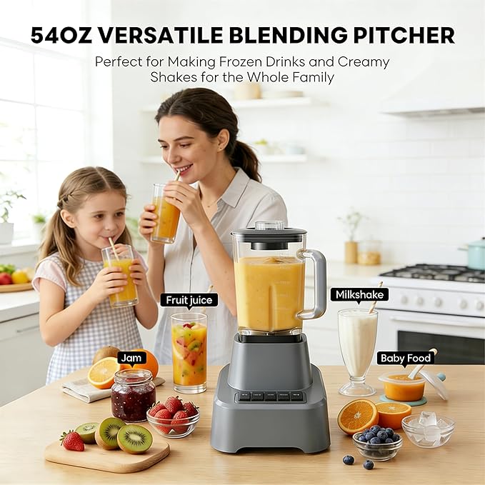 Simple Deluxe Blender for Smoothies, 850W Powerful Countertop Blender for Kitchen, 54oz Large Glass Pitcher, 4 Speeds with Pulse for Ice Crushing, Frozen Fruits, Juicers, Dishwasher Safe, Gray