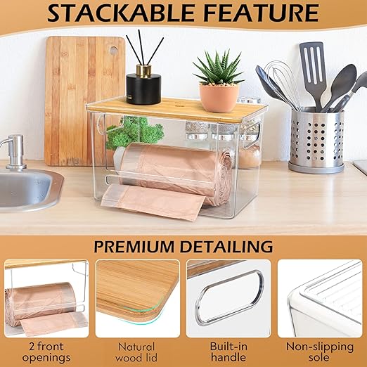 Stackable Trash Bag Dispenser with Wooden Top for Holding 13/30/33-Gallon Large Bag Sizes – Extra-Large Garbage Bag Holder with Anti-Slip Base, Trash Bag Dispenser Under Sink (11.5"x7.5"x7" inches)