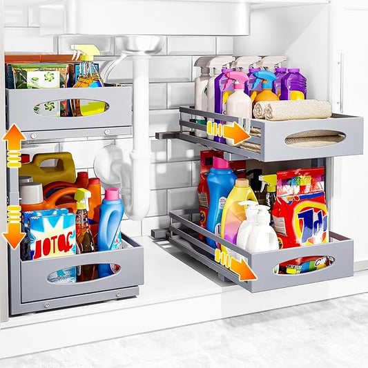 Under Sink Organizer, 2 Tier Under Sink Organizers and Storage, Gray, 2 Pack