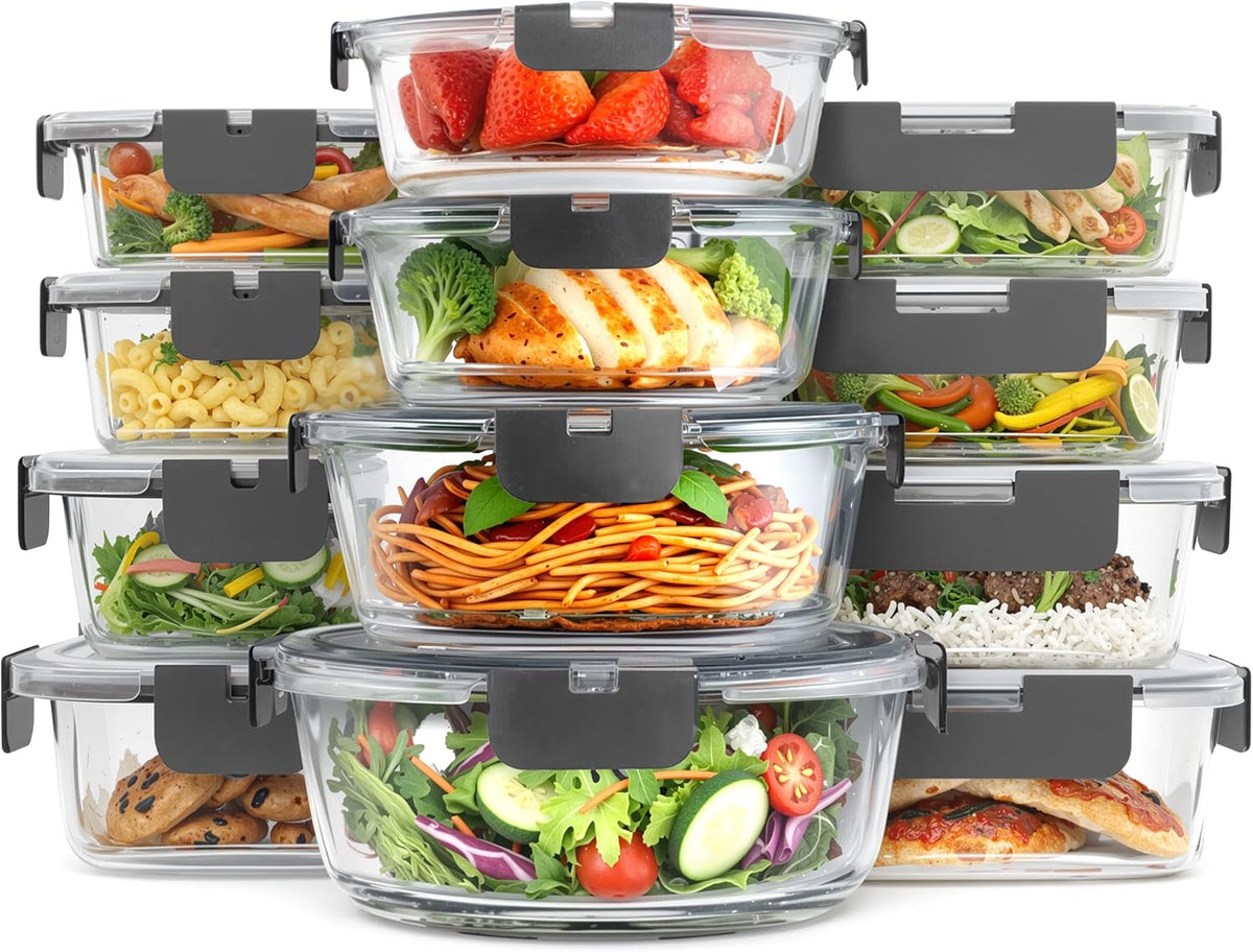 24 Pc Borosilicate Glass Meal Prep Containers with Lid,12 Pack, Grey