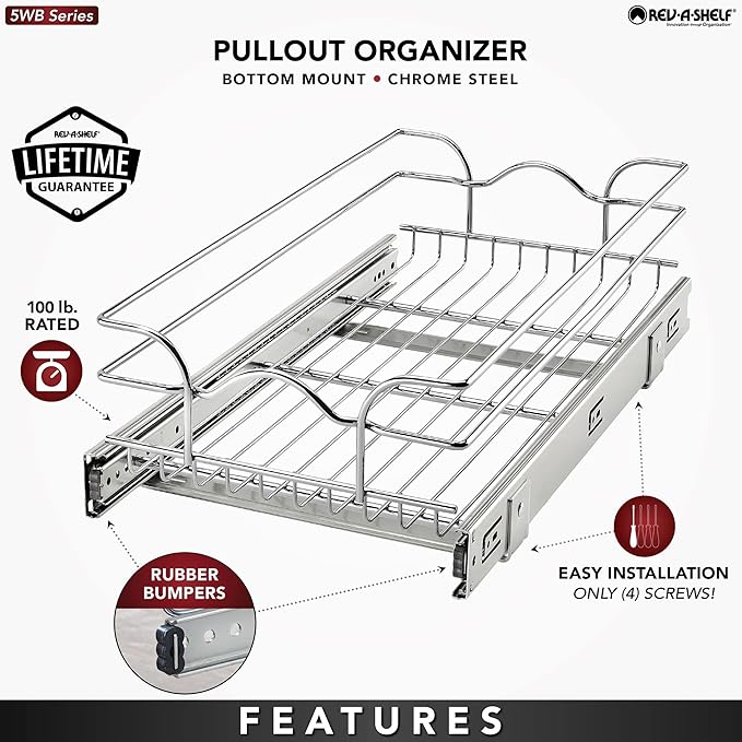 Rev-A-Shelf Steel Wire Pullout Drawer Organizer Shelf for Kitchen Cabinets, Slide Out Storage Basket, Min Opening Width of 11.5" W, 12" x 22", 5WB1-1222CR-1