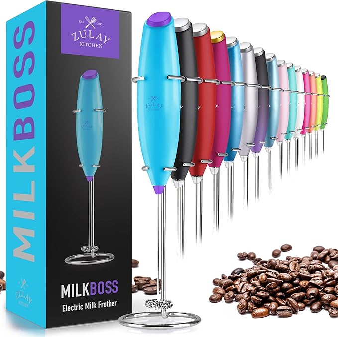 Zulay Kitchen Powerful Milk Frother Wand - Ultra Fast Handheld Drink Mixer - Electric Whisk Foam Maker for Coffee, Lattes, Cappuccino, Matcha & Creamer - Iridescent Blue