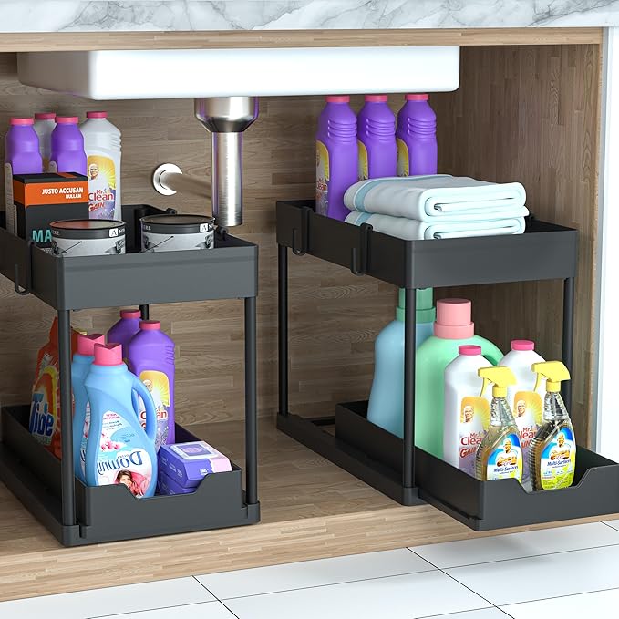 Under Sink Organizer -2 PACK|Pull Out Bathroom Organizer|2 Tier Slide Out Bathroom/Kitchen Organiers and Storage. (2 PACK Normal)