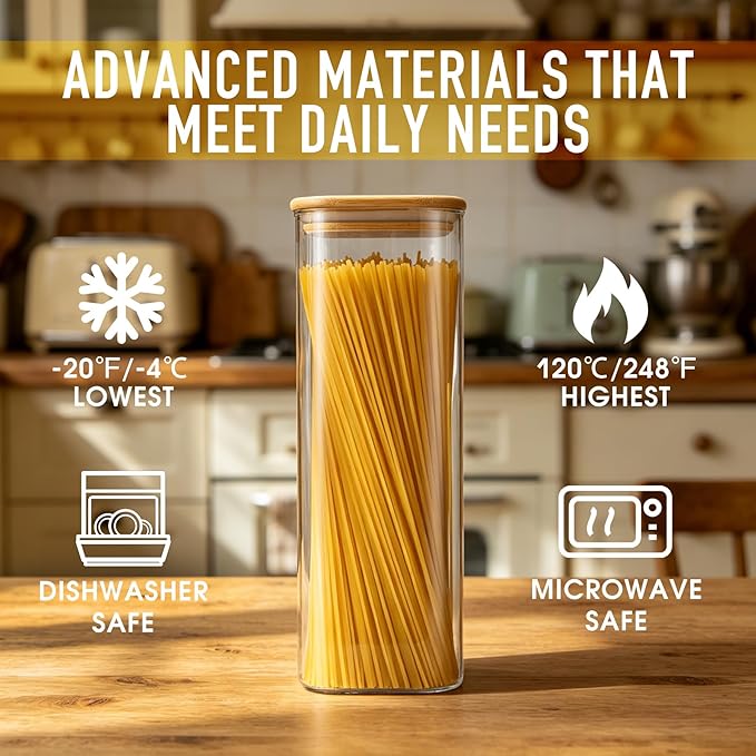 D2scrma 71oz Glass Square Storage Containers with Bamboo Lids Set of 3 (2100ml) Tall Food Storage Canisters Kitchen Jars for Pantry Organization Pasta, Penne, Macaroni, Lasagna, Fusilli