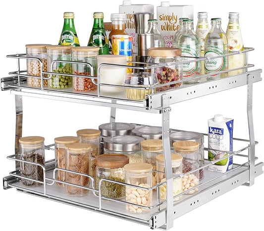 VEVOR 2 Tier 20"Wx21.2"Dx15.2"HPull Out Cabinet Organizer, Heavy Duty Slide Out Pantry Shelves, Steel Roll Out Drawers, Sliding Drawer Storage for Home, 21.5"Wx22.5"Dx19"H Install Size for Cabinet