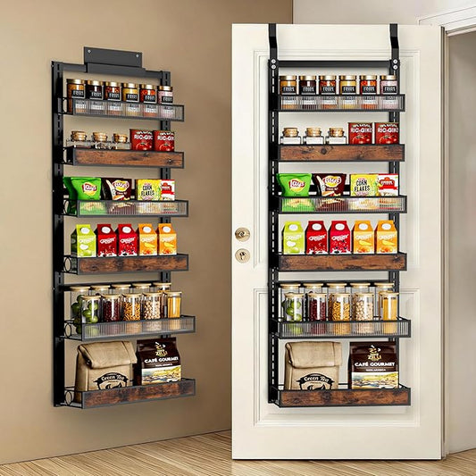 6 Tier Pantry Door Organizer Spice Rack, 2-IN-1 Wall Mount or Hanging Over Door Seasoning Organizer with Adjustable Baskets, Heavy Duty Behind Door Storage Shelves for Pantry, Cabinet and Kitchen