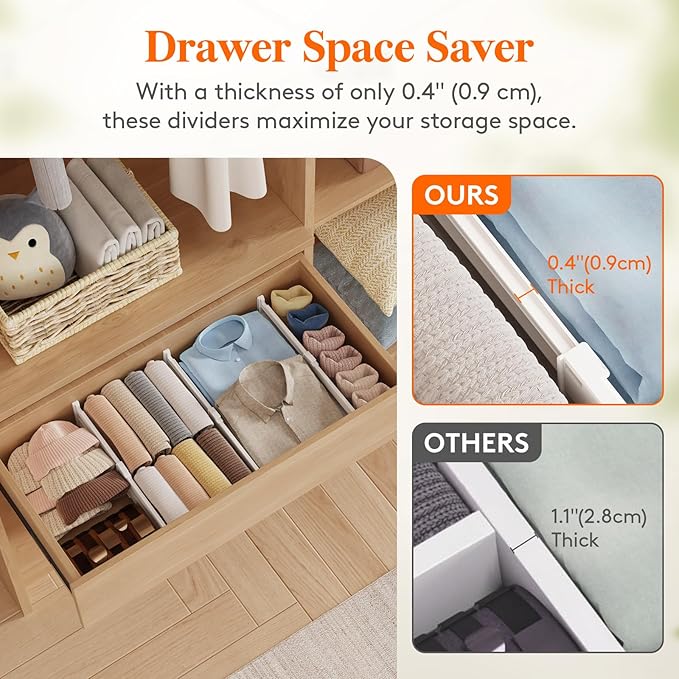Lifewit 5 Pack Drawer Dividers for Clothes, 4" High 10.5"-16.5" Expandable Dresser Drawer Organizers, Adjustable White Plastic Separators for Kitchen, Cabinet, Nursery, Socks & Underwear Storage
