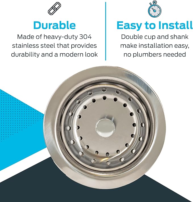 EZ-FLO Double Cup Kitchen Sink Strainer Drain Assembly, 3-1/2 to 4 Inch Opening, 1-1/4 Inch Standard Shank, Stainless Steel, 30017