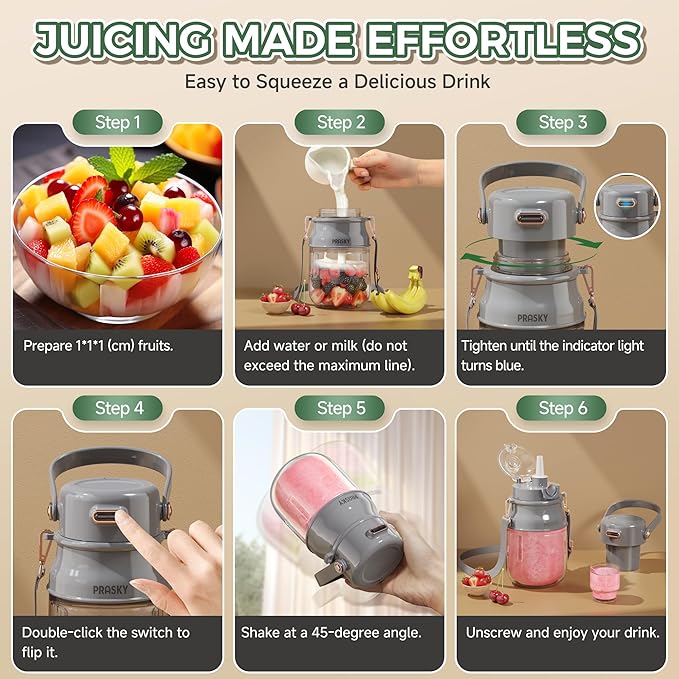 Portable Blender, 27oz Personal Blender for Smoothies & Protein Shakes with 70W Motor & Smart Lock, USB-C Rechargeable, BPA-Free for Travel/Office/Home/Gym Drink Mixer with Strap, Prasky (Light Gray)