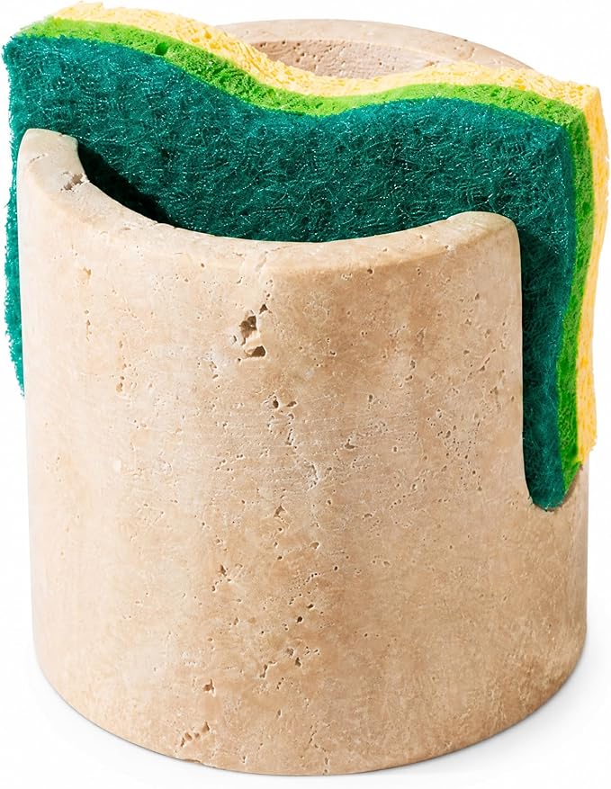 Natural Travertine Sponge Holder for Kitchen Sink - Quick Dry Absorbent Stone Sink Caddy, Non-Slip Rustproof and Aesthetic Beige Marble Stone Sink Organizer