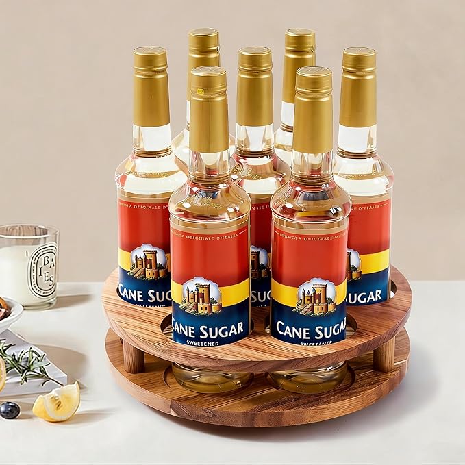Acacia Wood Rotating Coffee Syrup Organizer, 7 Bottle Coffee Syrup Rack Organizer for Countertop, Turntable Bottle Holder for Coffee Bar Station