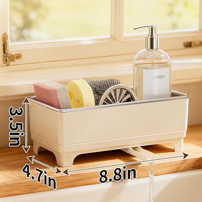 Sponge Holder for Kitchen Sink – Rustproof Stainless Steel, 360° Rotating Drain Pipe, Large Counter Organizer with Drip Tray for Sponges, Brushes & Dish Cloths Off-white