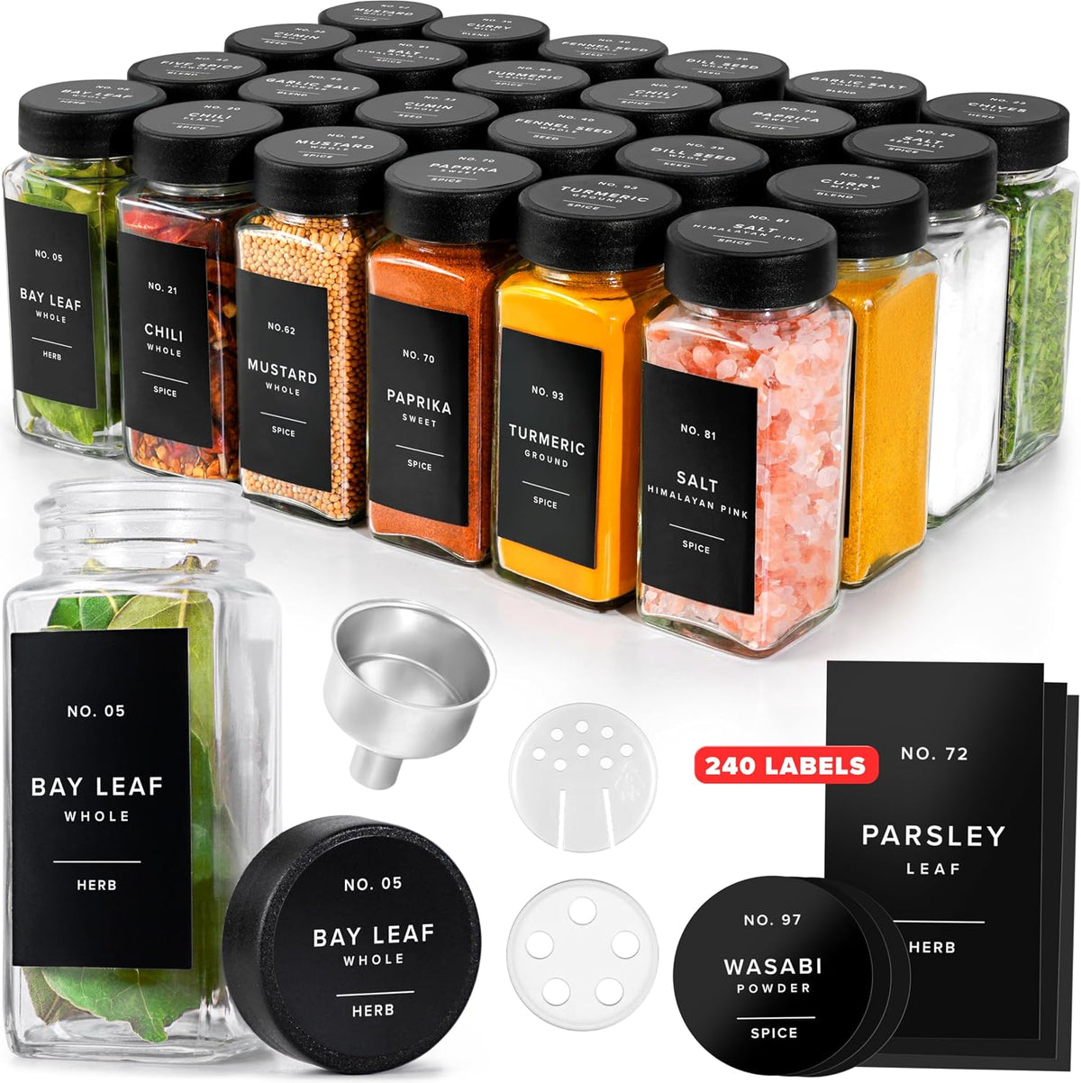 Glass Spice Jars with Labels, 24x Matte Black Lids - 4oz Set