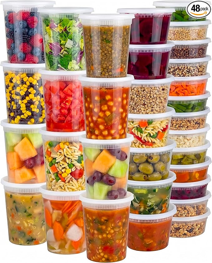 JoyServe 48 Sets Deli Containers with Lids – 8oz, 16oz & 32oz – Leak Proof, Microwaveable, Dishwasher & Freezer Safe – Plastic Food Storage & Soup Containers