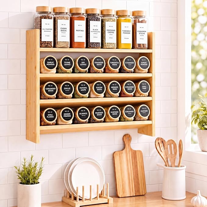 Gerrii 4 Tier Bamboo Spice Rack Organizer for Cabinet Wall Mounted, Large Capacity Spice Shelf for 28 Jars, Farmhouse Kitchen Aesthetic, Natural Bamboo Seasoning Shelf, Kitchen Countertop Space Saving