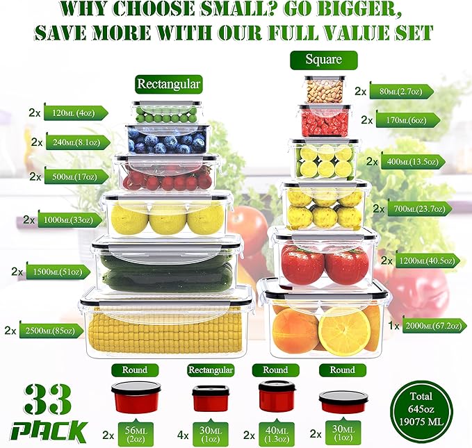 RockBerry 66 Pcs Large Food Storage Containers with Lids Airtight-Total 19075ML (33Containers,33Lids) Stackable Kitchen Bowls Set, 2500ML to Small Box-BPA Free Leak proof Plastic Boxes-Microwave safe