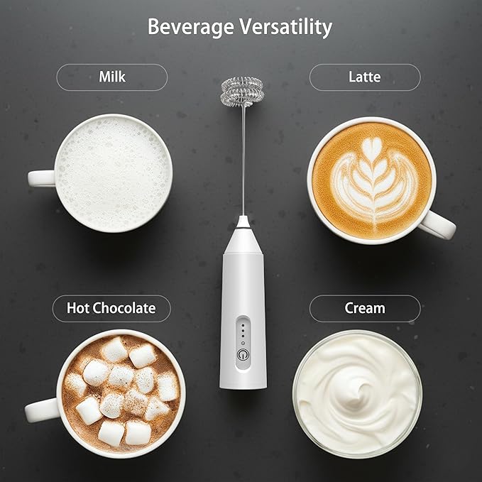 Puraville Rechargeable Milk Frother Handheld, 3 Speeds Electric Whisk Drink Mixer with Stand, Type-C Charging BPA Free for Coffee, Latte, Cappuccino, Egg, Cream, White