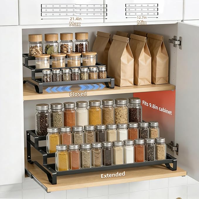 SANKEU Expandable Spice Rack Organizer for Cabinet 3 Tiered Metal Seasoning Organization with Guardrails Spice Shelf Storage for Jars Adjustable Length 13"-21" Black 1Pack