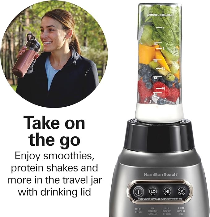 Hamilton Beach Wave Action Blender for Smoothies, Stainless Steel Ice Sabre Blades, 40oz Glass Jar, 20oz Blend-In Portable Travel Jar, 800 Watts, Quiet Design, Silver (58181)