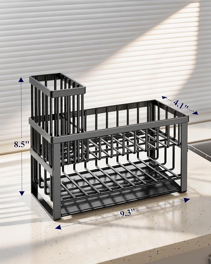 Kitsure Sponge Holder for Kitchen Sink - Rustproof Stainless Steel Sink Caddy Organization and Storage Essentials with High Brush Holder, Home Decor Accessories, 9.3" x 4.1" x 8.5", Black