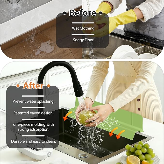 18Inch Sink Splash Guard – Extended Length & Tall Silicone Kitchen Sink Splash Guard with Overhang Drainage Design & Strong Suction Cups for Countertop(Green, 18''x3.5'')
