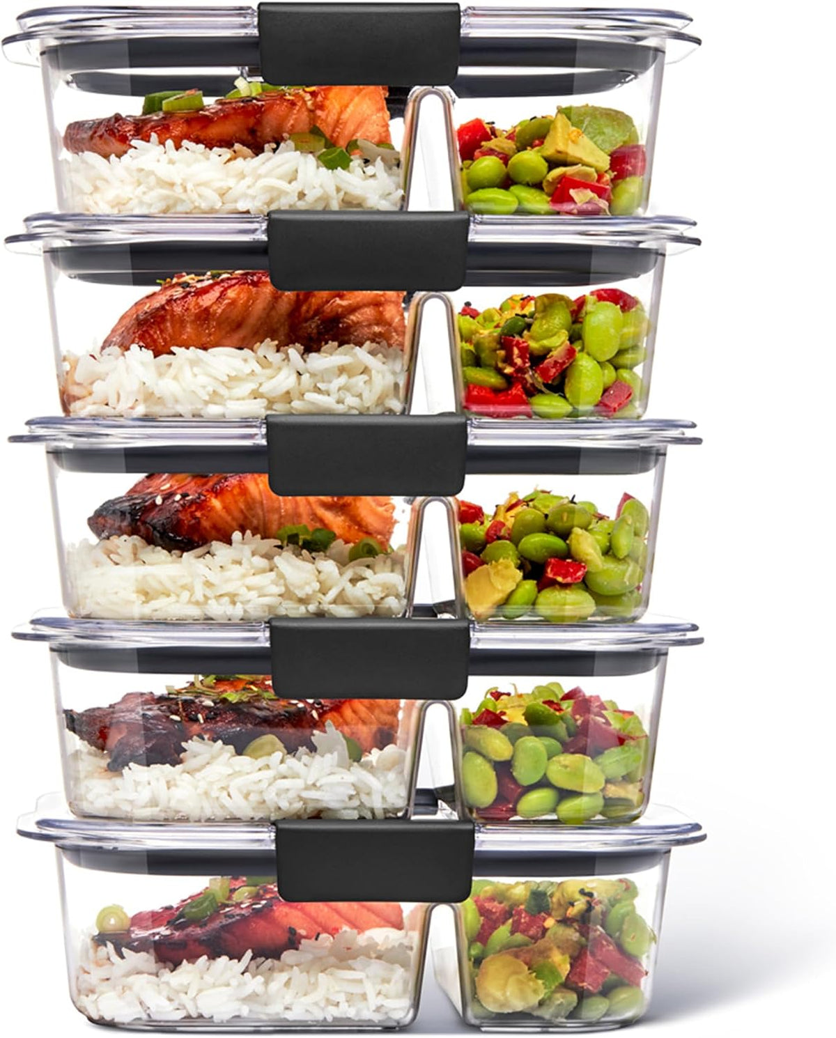 Brilliance Meal Prep Containers, 2-Compartment Food Storage Containers, 2.85 Cup, 5-Pack, BPA-Free, Clear/Grey