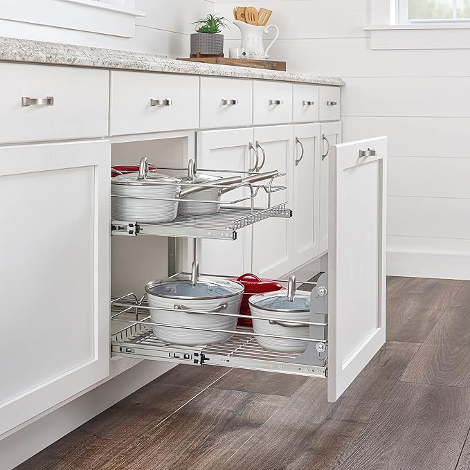Rev-A-Shelf 2-Tier Pullout Shelf and Drawer Organizer for Kitchen Cabinets, Slide Out Storage Basket, Min Opening Width of 23.5", 24" x 22", 5WB2-2422-CR-1