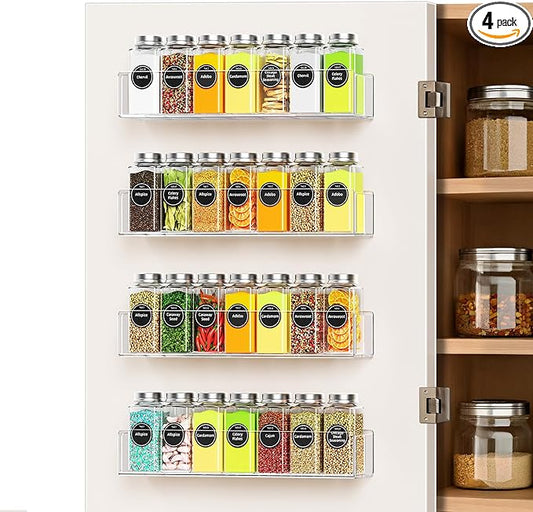 Wall Mounted Acrylic Spice Rack 4 Pack, 12 Inch Clear Pantry Door Organizer, Floating Spice Organizer, Adhesive or Screw Mounted Cabinet Seasoning Shelf