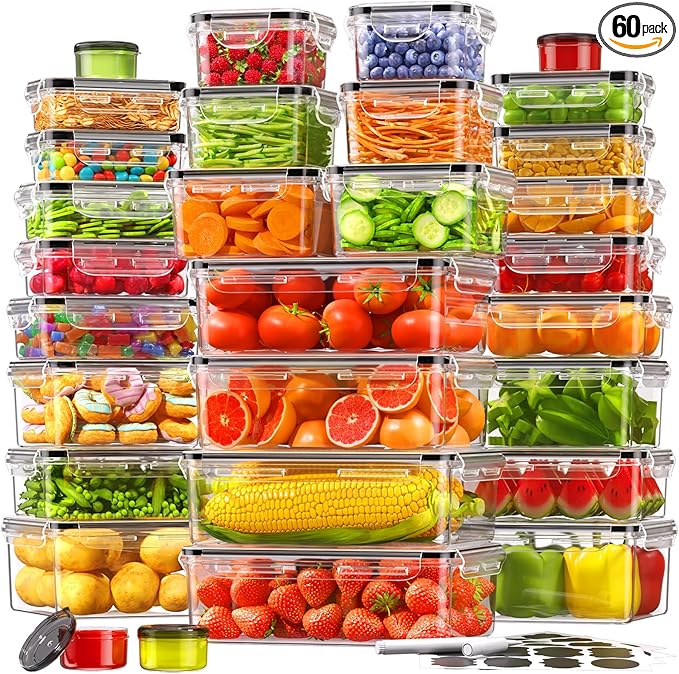 KEMETHY 60 PCS Food Storage Containers with Lids Airtight, Total 737oz, BPA-free, Food-grade, Eco-friendly Material, Leak Proof Plastic Containers, Microwave/Dishwasher Safe