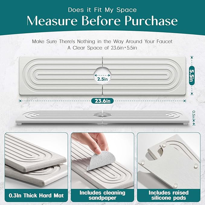 Large Faucet Mat for Kitchen Sink - Stone Drying Mat for Kitchen Counter, Diatomite Fast Drying Stone Sink Tray, Super Absorbent, Stylish Decor and Protector for Bathroom (Light Grey, 23.6" x 5.5")